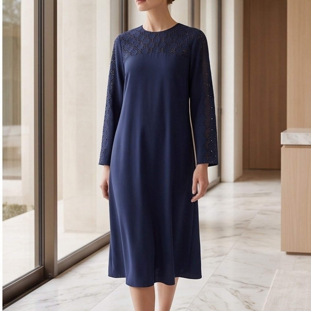 J. Crew 18 Eyelet Yoke Long Sleeve Shift Dress Navy Blue AK222 Plus Size NWT